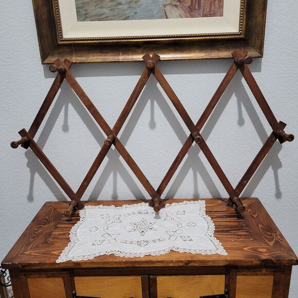 Vintage Wood Expandable Accordion Folding Rack 10 Peg Wall Hanger Large Pegs - Picture 1 of 14